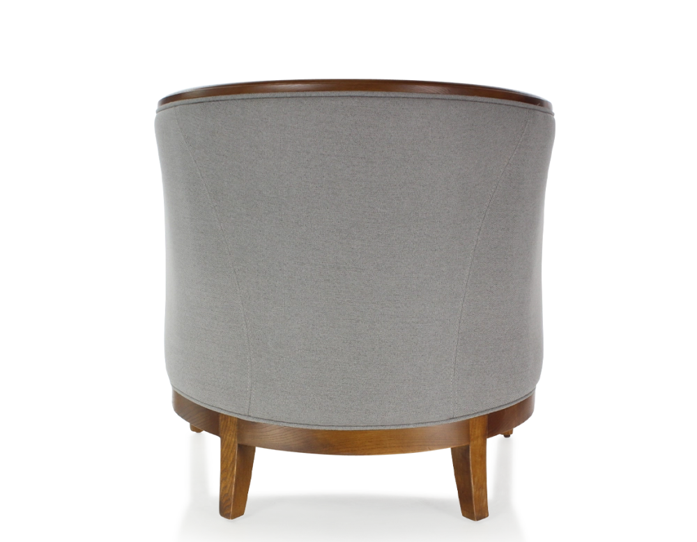 Fauteuil ancien accoudoirs moulurés bois teinte ancienne et tissu gris clair