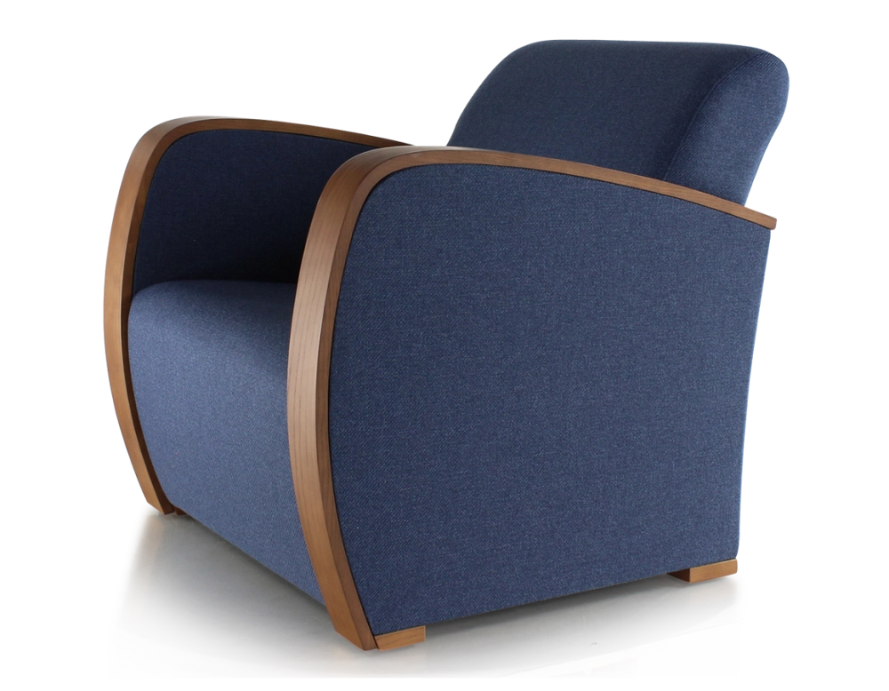Fauteuil design bois teinte merisier et tissu bleu marine Fauteuil design bois teinte merisier et tissu bleu marine