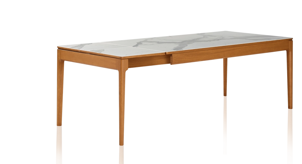Table extensible en chêne et céramique 6 à 10 personnes allonges céramique avec bois teinte merisier et plateau et allonges céramique effet marbre blanc 140x90 cm