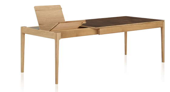 Extendable table for 6 to 10 people in oak and ceramic with wooden extensions with natural stained wood and oxidised brown ceramic top 140x90 cm