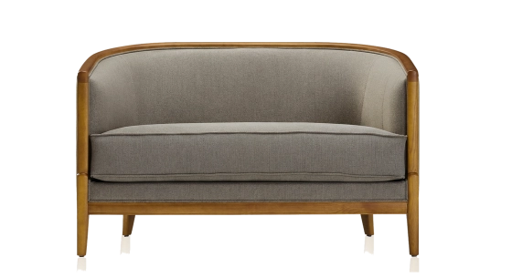 Canapé vintage 2 places bois teinte meriser et tissu gris clair