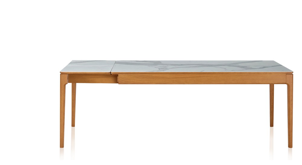 Table extensible en chêne et céramique 6 à 10 personnes allonges céramique avec bois teinte merisier et plateau et allonges céramique effet marbre blanc 140x90 cm