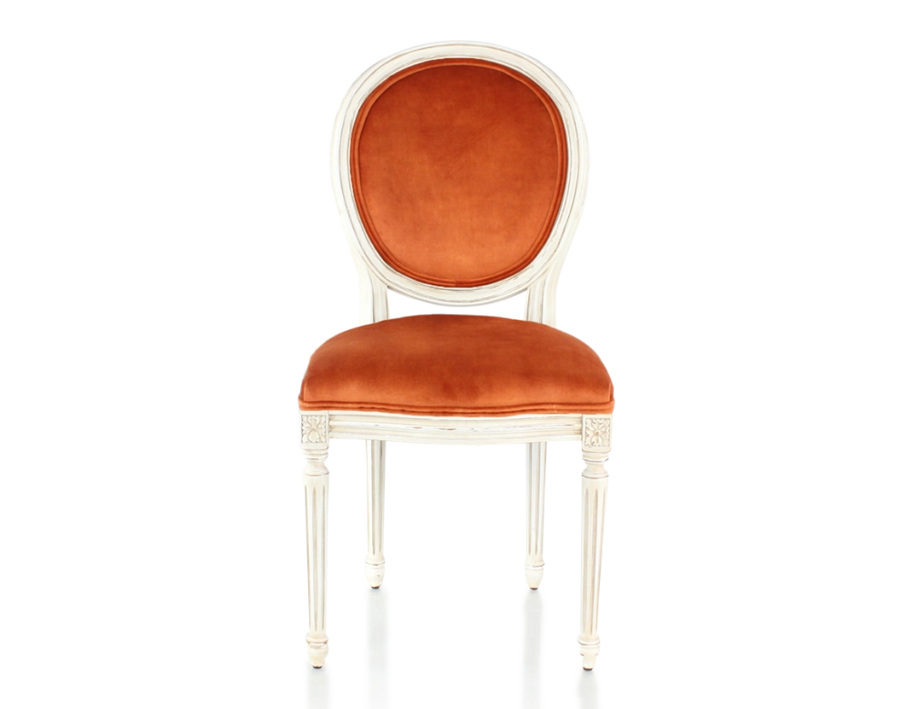 Chaise ancienne style Louis XVI bois teinte blanche cérusée et tissu velours terracotta Chaise ancienne style Louis XVI bois teinte blanche cérusée et tissu velours terracotta