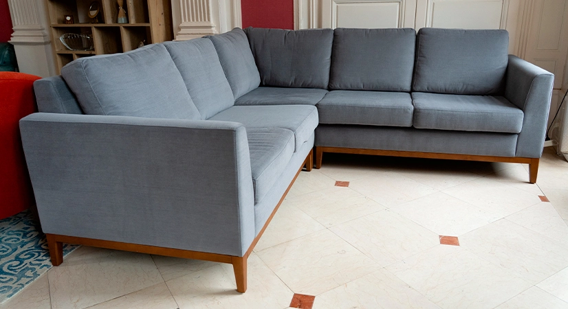 Canapé d'angle 5 places tissu gris clair (2G - A - 2D)