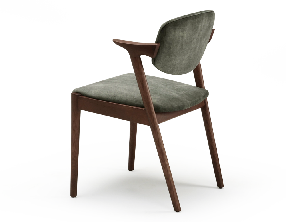 Scandinavian chair dark brown stained wood with forest green velvet seat. Scandinavian chair dark brown stained wood with forest green velvet seat.