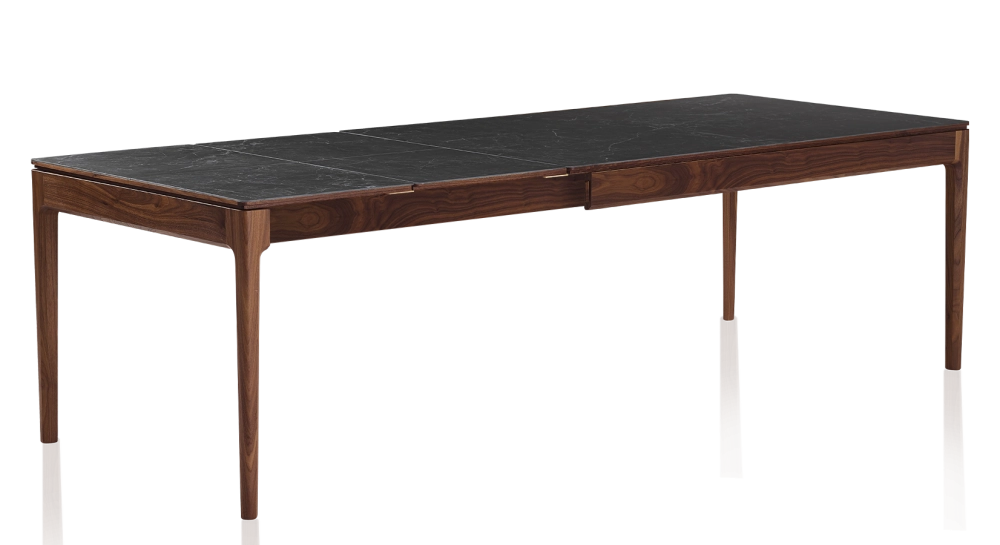 Extendable table for 8 to 12 people in walnut and ceramic, ceramic extensions with natural stained wood and ceramic slate effect top and extensions 160x100 cm