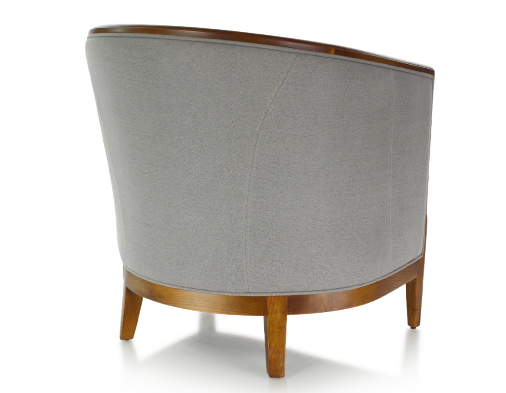 Fauteuil ancien accoudoirs moulurés bois teinte ancienne et tissu gris clair