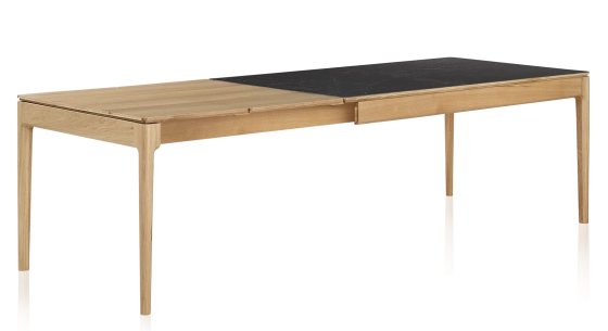 Table extensible 8 à 12 personnes en chêne et céramique allonges bois avec bois teinte naturelle et plateau céramique effet ardoise 210x90 cm