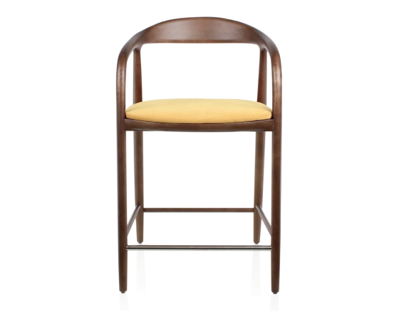 Tabouret de bar H60 cm bois teinte marron foncé et tissu jaune
