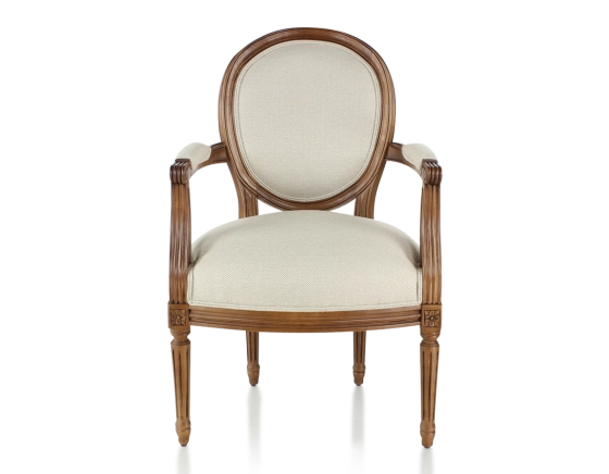 Fauteuil ancien style Louis XVI bois teinte ancienne et tissu chevron beige