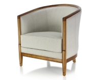 Fauteuil ancien accoudoirs moulurés bois teinte ancienne et tissu beige naturel