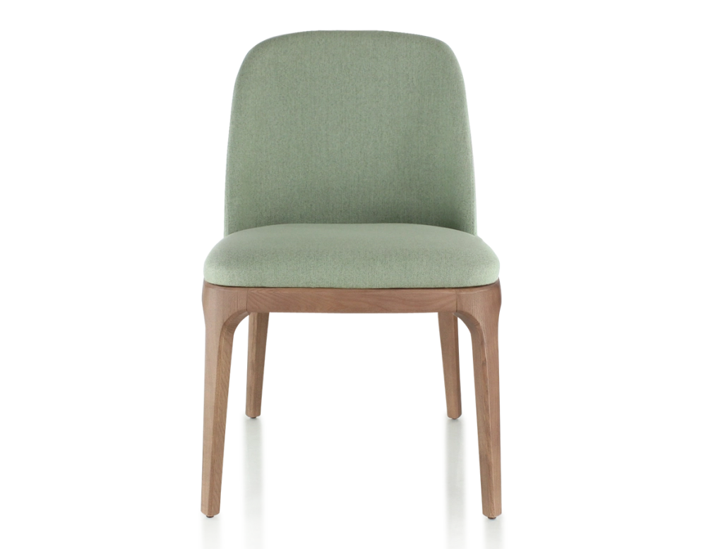 Chaise design bois teinte noyer et tissu vert sauge Chaise design bois teinte noyer et tissu vert sauge