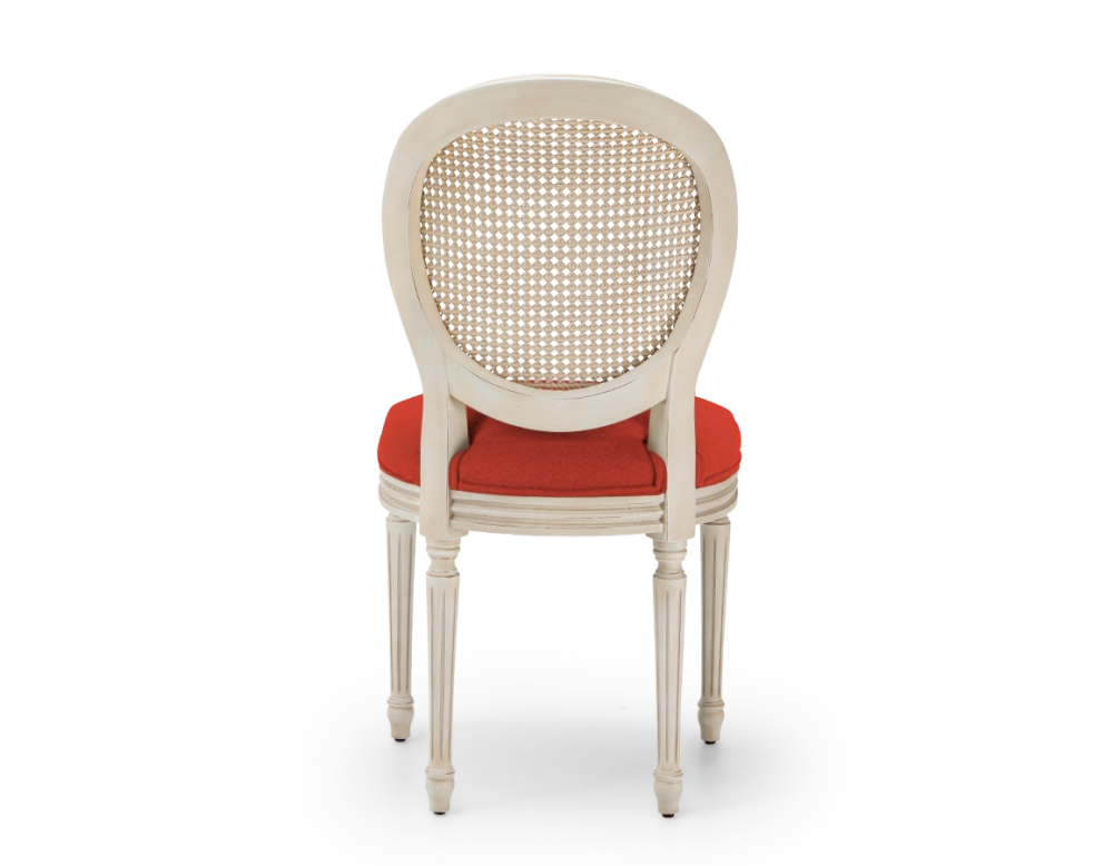 Louis XVI style antique chair wood with white cerused finish, caned backrest, and burnt orange fabric seat. Louis XVI style antique chair wood with white cerused finish, caned backrest, and burnt orange fabric seat.
