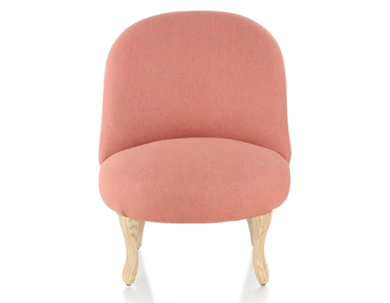 Fauteuil crapaud sans accoudoirs pieds bois teinte naturelle et tissu rose corail