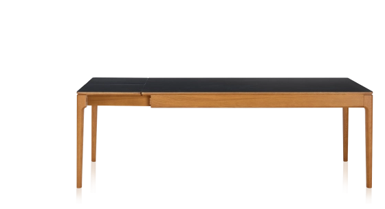 Table extensible 8 à 14 personnes en chêne et céramique allonges céramique avec bois teinte merisier et plateau et allonges céramique noire unie 210x100 cm