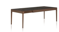 Table extensible en chêne et céramique 6 à 10 personnes allonges céramique avec bois teinte marron foncé et plateau et allonges céramique effet marbre noir 140x90 cm