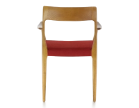 Scandinavian armchair with armrests cherry wood stain burgundy fabric seat Scandinavian armchair with armrests cherry wood stain burgundy fabric seat