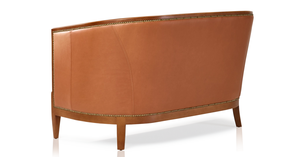 Canapé ancien 2 places accoudoirs moulurés bois teinte ancienne et cuir châtain