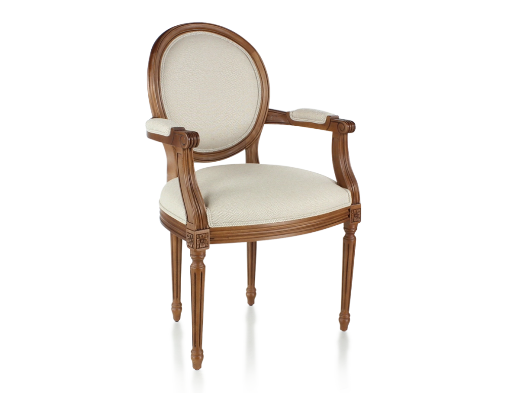 Chaise ancienne style Louis XVI avec accoudoirs bois teinte ancienne et tissu chevron beige Chaise ancienne style Louis XVI avec accoudoirs bois teinte ancienne et tissu chevron beige