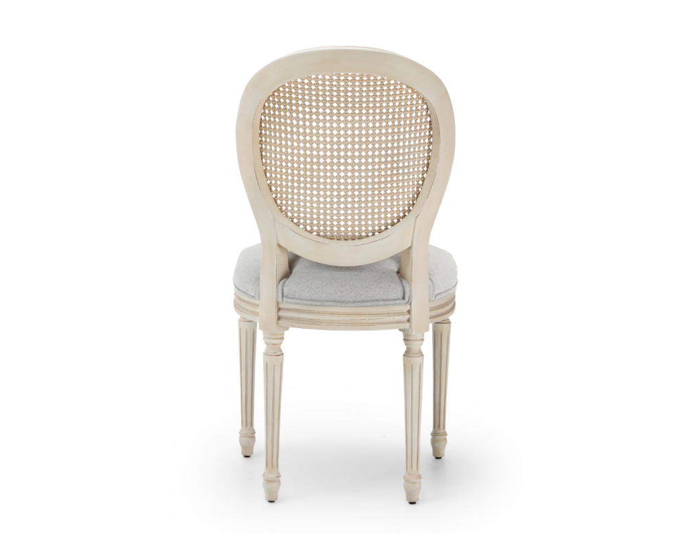 Louis XVI style antique chair wood with white cerused finish, caned backrest, light gray fabric seat. Louis XVI style antique chair wood with white cerused finish, caned backrest, light gray fabric seat.