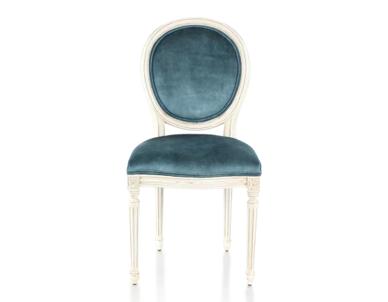 Chaise ancienne style Louis XVI bois teinte blanche cérusée et tissu velours bleu pétrole