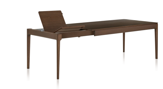 Extendable oak table for 6 to 12 people with dark brown stained wood top and extensions 140x100 cm