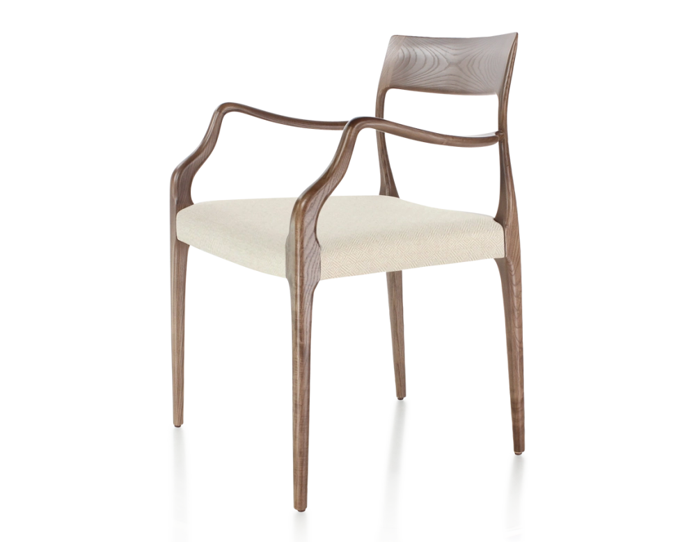 Chaise scandinave avec accoudoirs bois teinte marron foncé assise tissu chevron beige Chaise scandinave avec accoudoirs bois teinte marron foncé assise tissu chevron beige