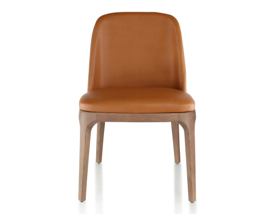 Chaise design bois teinte noyer et cuir caramel