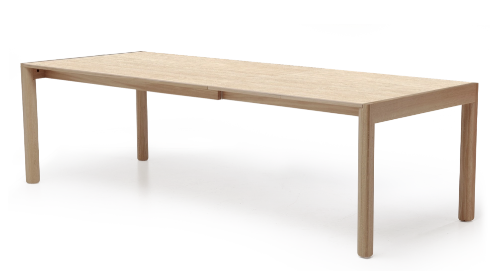 Extending table for 8 to 12 people in oak and ceramic with ceramic extensions natural wood finish and ceramic travertine stone effect 160x100 cm Extending table for 8 to 12 people in oak and ceramic with ceramic extensions natural wood finish and ceramic travertine stone effect 160x100 cm