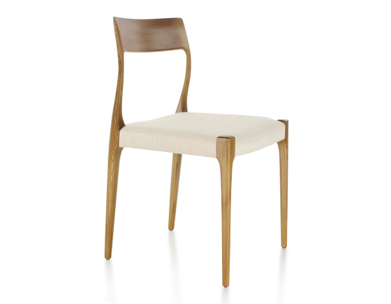 Chaise scandinave bois teinte merisier assise tissu chevron beige