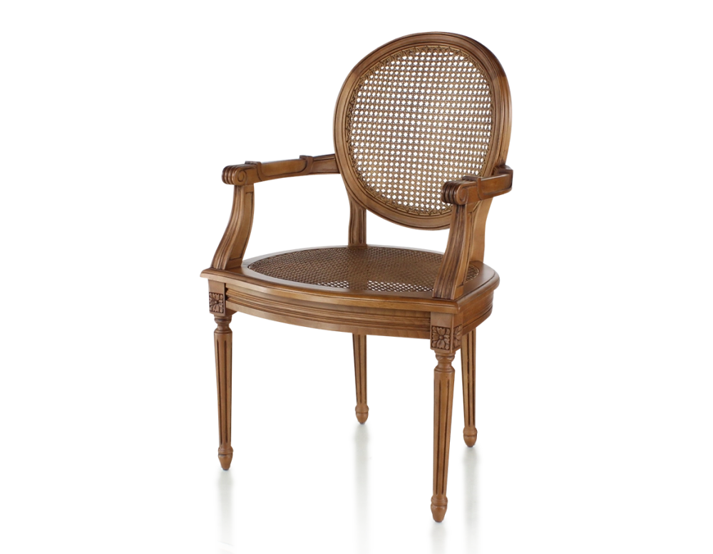 Chaise ancienne style Louis XVI avec accoudoirs bois teinte ancienne assise et dossier cannés Chaise ancienne style Louis XVI avec accoudoirs bois teinte ancienne assise et dossier cannés