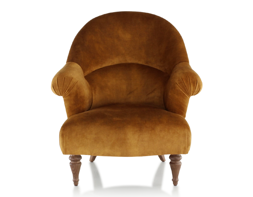 Fauteuil crapaud avec accoudoirs pieds bois teinte noyer et tissu velours bronze moyen dossier Fauteuil crapaud avec accoudoirs pieds bois teinte noyer et tissu velours bronze moyen dossier