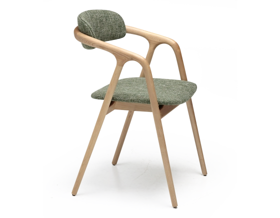 Scandinavian chair wood with natural finish, seat in green mottled fabric.