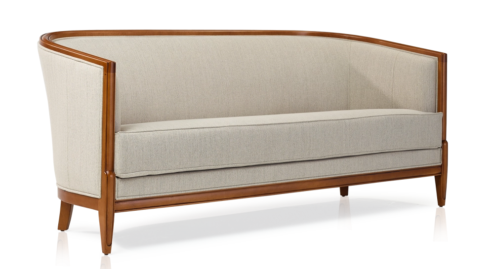 Antique 3 seater sofa with moulded armrests bois teinte ancienne et tissu beige naturel