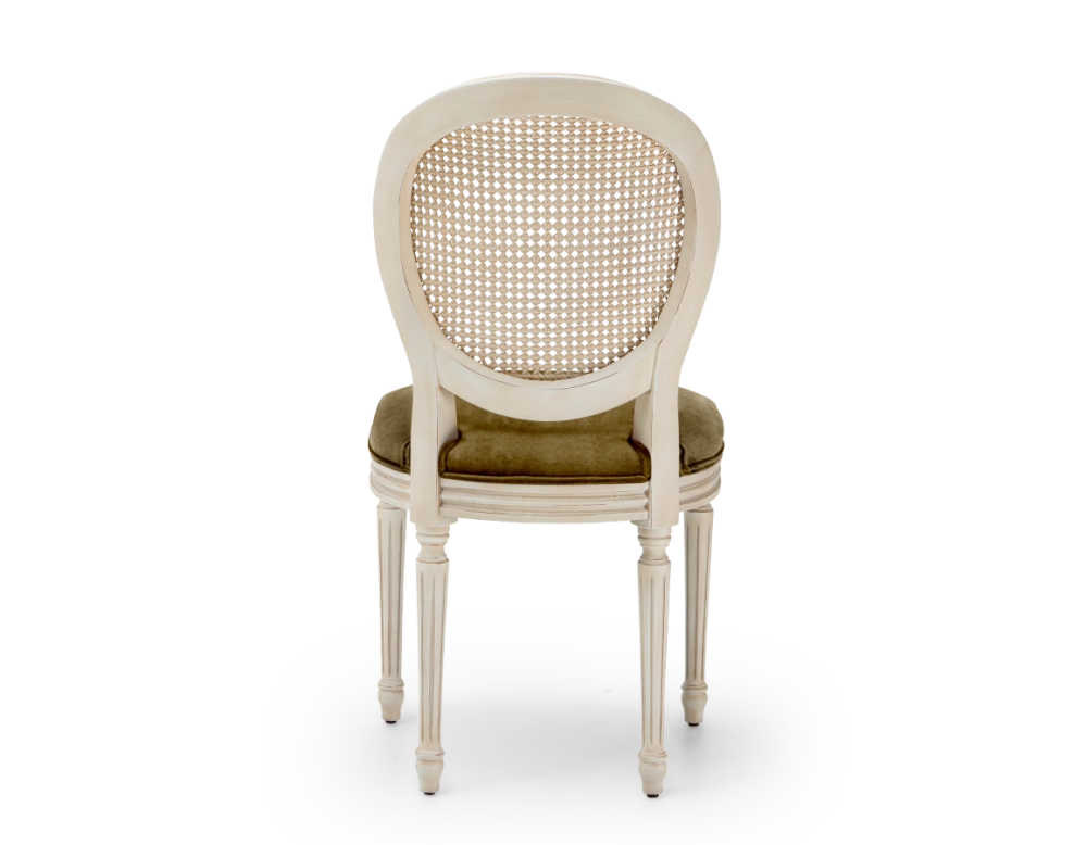 Chaise ancienne style Louis XVI bois teinte blanche cérusée dossier canné assise tissu velours vert olive Chaise ancienne style Louis XVI bois teinte blanche cérusée dossier canné assise tissu velours vert olive