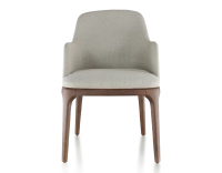Chaise design avec accoudoirs bois teinte marron foncé et tissu beige naturel Chaise design avec accoudoirs bois teinte marron foncé et tissu beige naturel