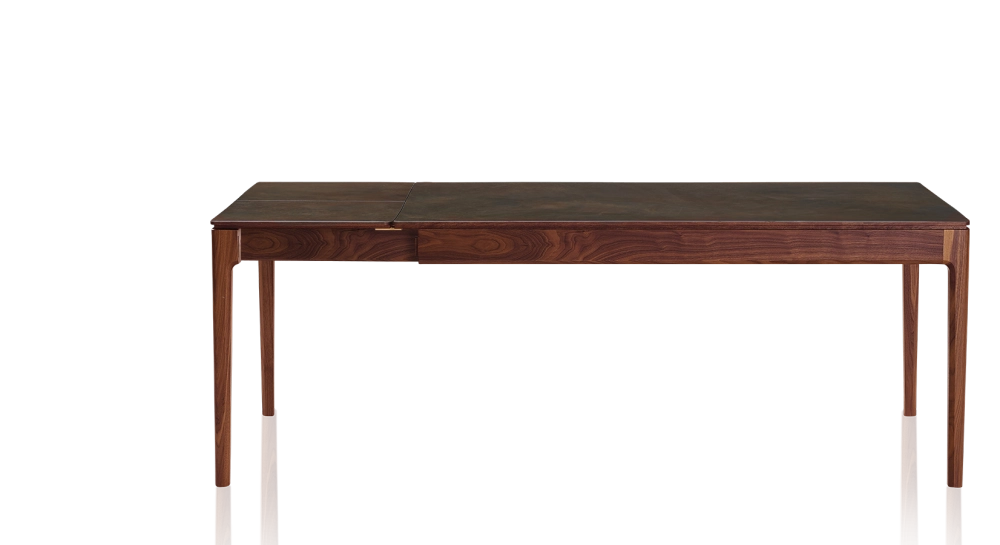 Table extensible en noyer et céramique 6 à 10 personnes allonges céramique avec bois teinte naturelle et plateau céramique brun oxydé 140x90 cm