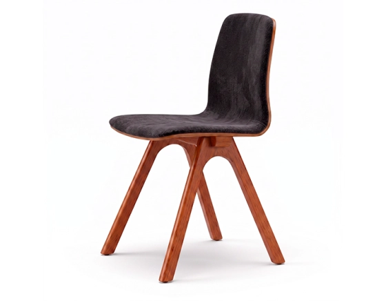 Upholstered oak designer chair cherry-stained wood, charcoal grey fabric seat