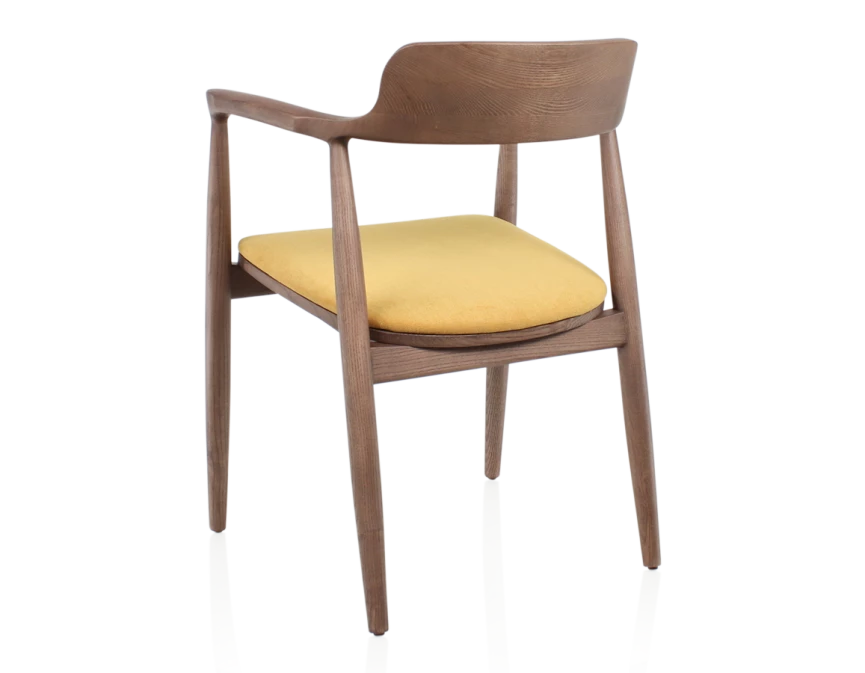 Chaise scandinave bois teinte noyer et tissu jaune