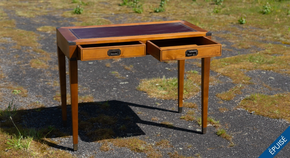 Bureau marine 2 tiroirs bois teinte merisier et cuir bordeaux Bureau marine 2 tiroirs bois teinte merisier et cuir bordeaux