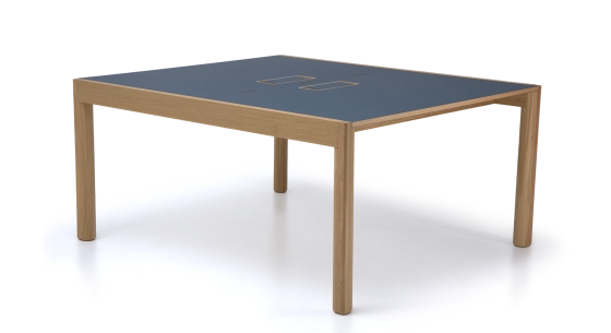 Double workstation desk oak natural finish fenix dark blue tray 140x160