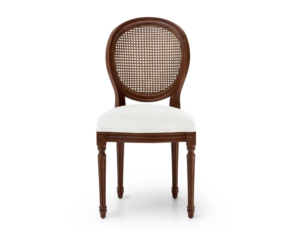 Louis XVI style antique chair dark brown stained wood with cane backrest and white bouclé fabric seat. Louis XVI style antique chair dark brown stained wood with cane backrest and white bouclé fabric seat.