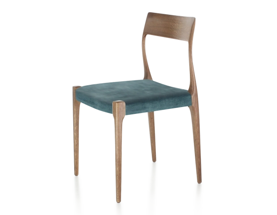 Chaise scandinave bois teinte noyer assise tissu velours bleu pétrole