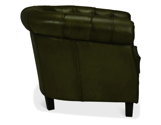 Fauteuil chesterfield cuir vert olive accoudoirs cloutés