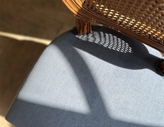 Antique Louis XVI style chair wood stained old style caned back seat blue jeans fabric