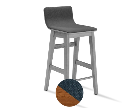 Tabouret de bar en chêne H60 cm bois teinte merisier assise tissu bleu océan