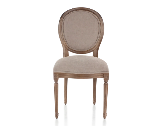 Antique Louis XVI style chair dark brown stained wood and taupe fabric