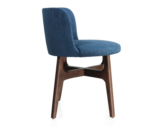 Designer chair dark brown stained wood, denim blue fabric seat