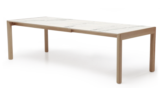 Extending table for 8 to 12 people in oak and ceramic with ceramic extensions natural wood finish and white marble-effect ceramic m1 160x100 cm