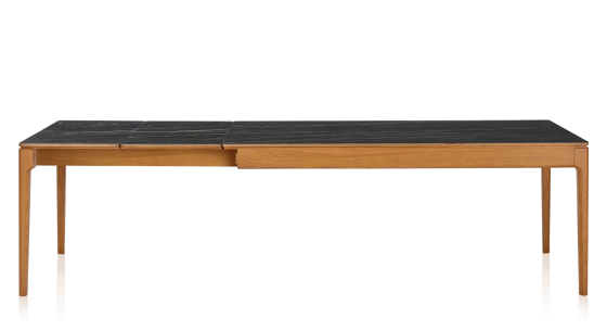 Table extensible 8 à 14 personnes en chêne et céramique allonges céramique avec bois teinte merisier et plateau et allonges céramique effet marbre noir 210x100 cm
